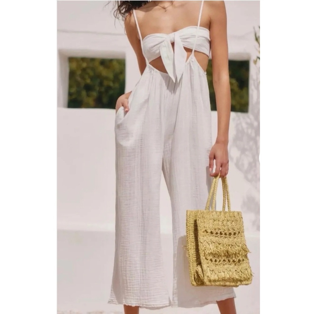 Anthropologie Cotton Gauze Jumpsuit Size M White Wide Leg Boho Summer Beach